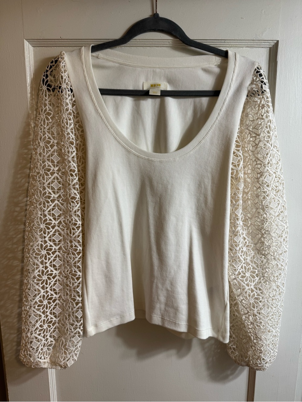 Maeve Cream Scoop Neck Top with Lace Mesh Balloon Sleeves